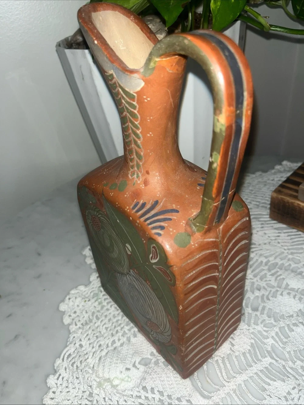 Vintage 10” Mexican Pottery Pitcher Southwest Boho Decor Floral Leaf Design
